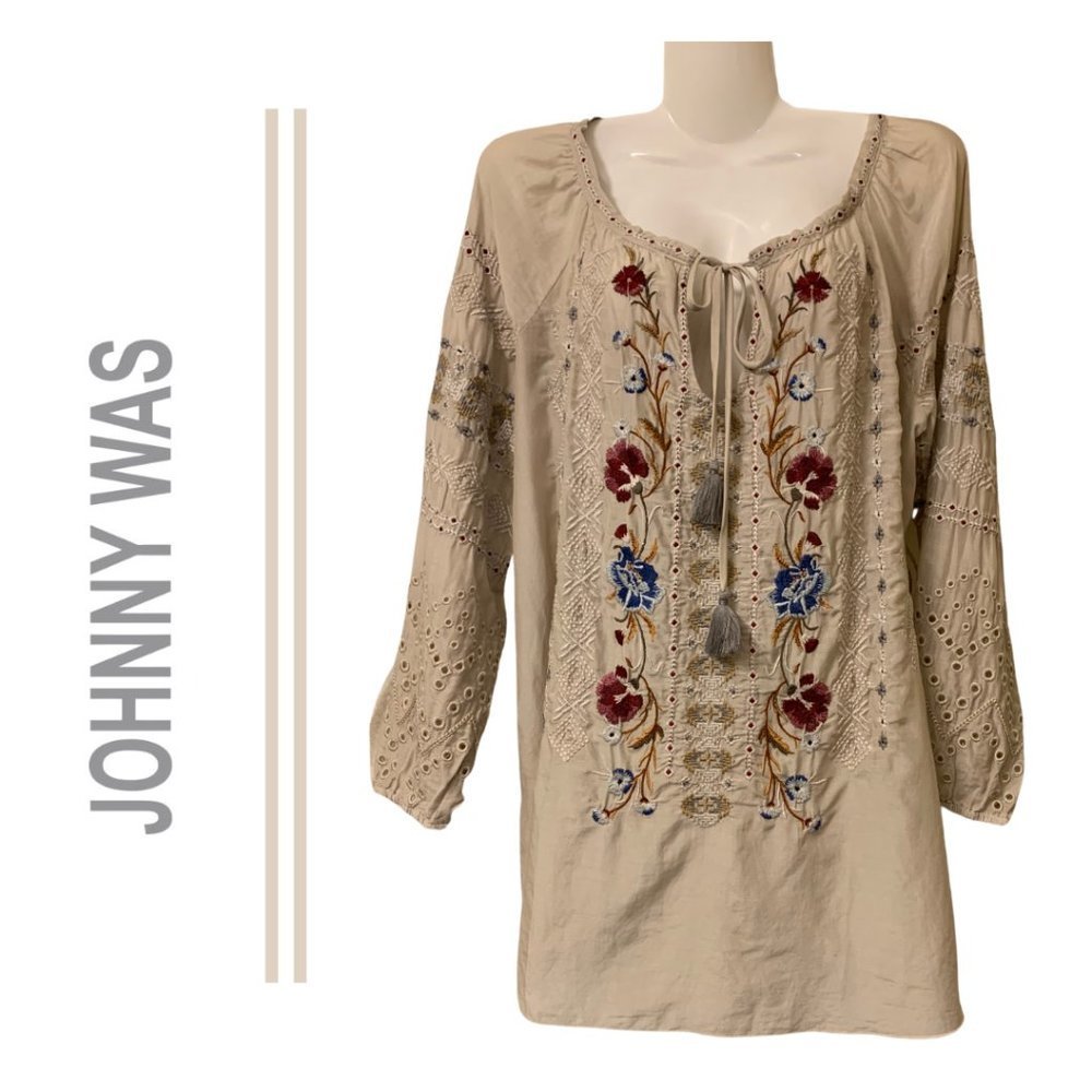 Johnny Was Workshop "Angelique" Embroidered Eyelet Peasant Blouse Size X…
